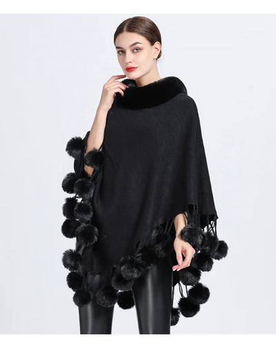 Poncho Scarf with Faux Fur Collar and Fringed Shawl