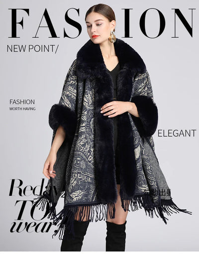 Soft Warm Wool Blend Cape Coat with Faux Fur and Tassels for Women