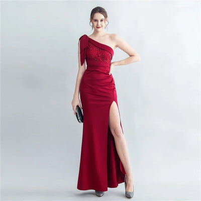 Candy Color Satin One-Shoulder Evening Dress with Slit and Appliques