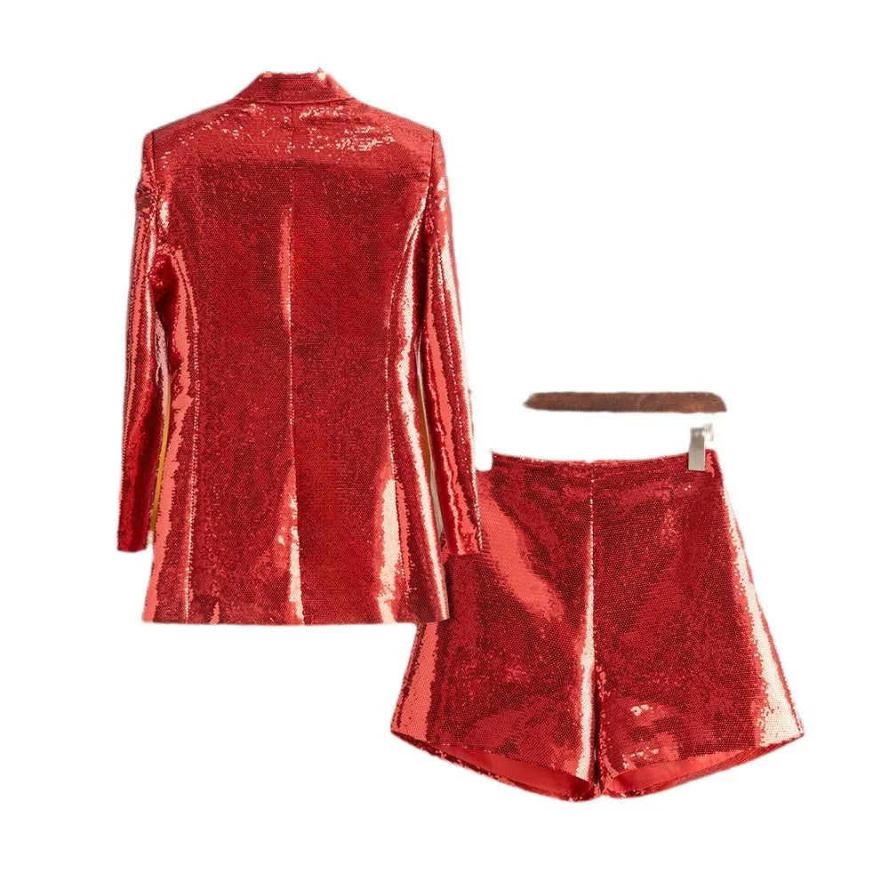 Christmas Red Sequins Two-Piece Suit Top & Shorts