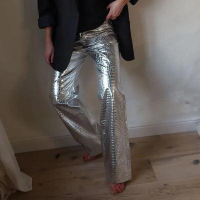 High Waisted Baggy PU Pants | Silver & Gold Loose Trousers