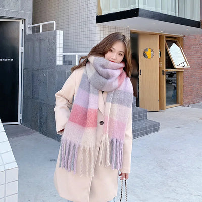 Luxury Rainbow Stripe Wool Scarf | Winter Warm Tassel Shawl Wrap