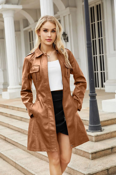 Red PU Leather Waist Lace-Up Long Jacket - Women's Fashion Overcoat