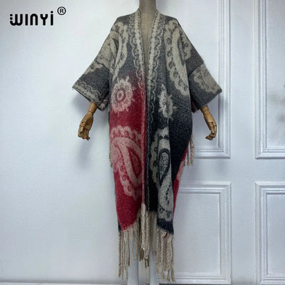 Winter Coat for Women - Luxury Cashew Print Long Overcoat with Tassels