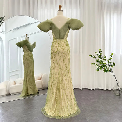 Luxury Dubai Sage Green Mermaid Evening Dress - Off Shoulder Formal Party Gown