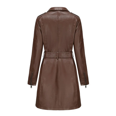 Red PU Leather Waist Lace-Up Long Jacket - Women's Fashion Overcoat
