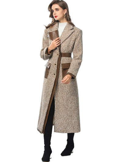 Women Elegant Patchwork Windbreaker with PU Leather Splice and Belt