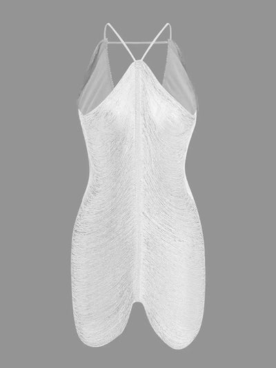 Fringe V-Neck Tassel Mini Dress - Halter Cutout Design