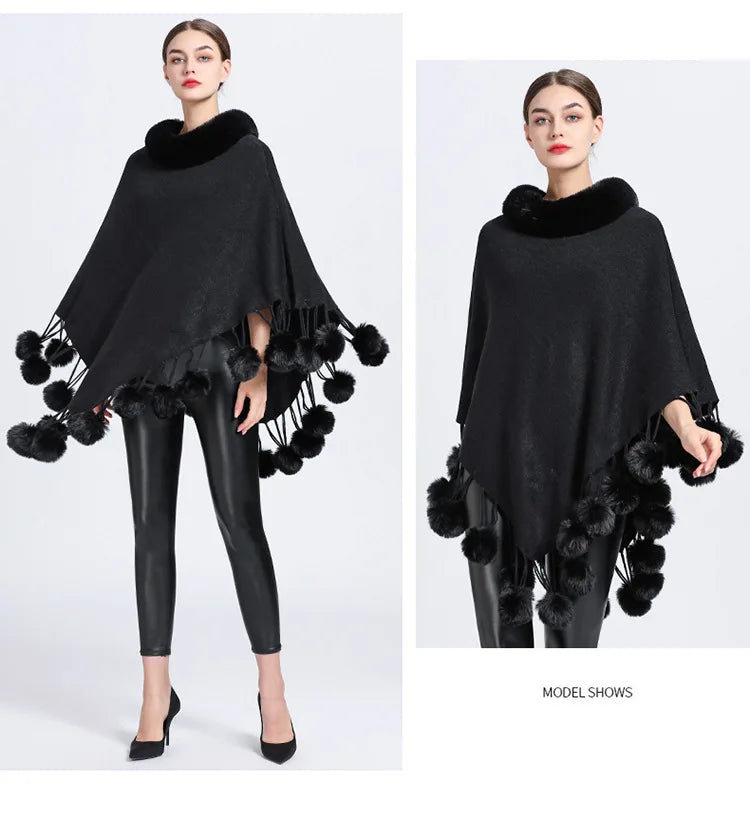 Poncho Scarf with Faux Fur Collar and Fringed Shawl