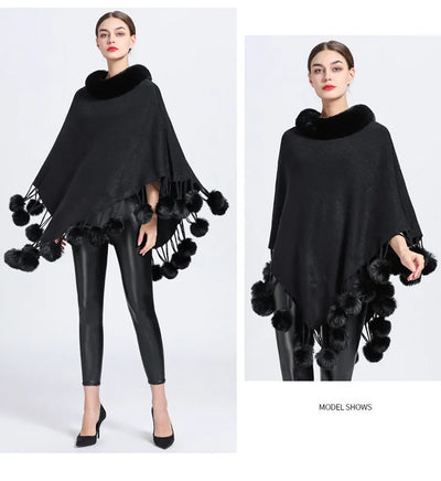 Poncho Scarf with Faux Fur Collar and Fringed Shawl