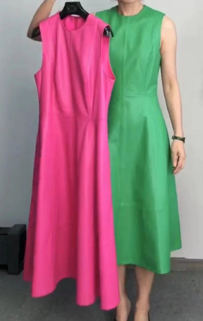 Leather Midi Dress - Sleeveless Pleated Skirt