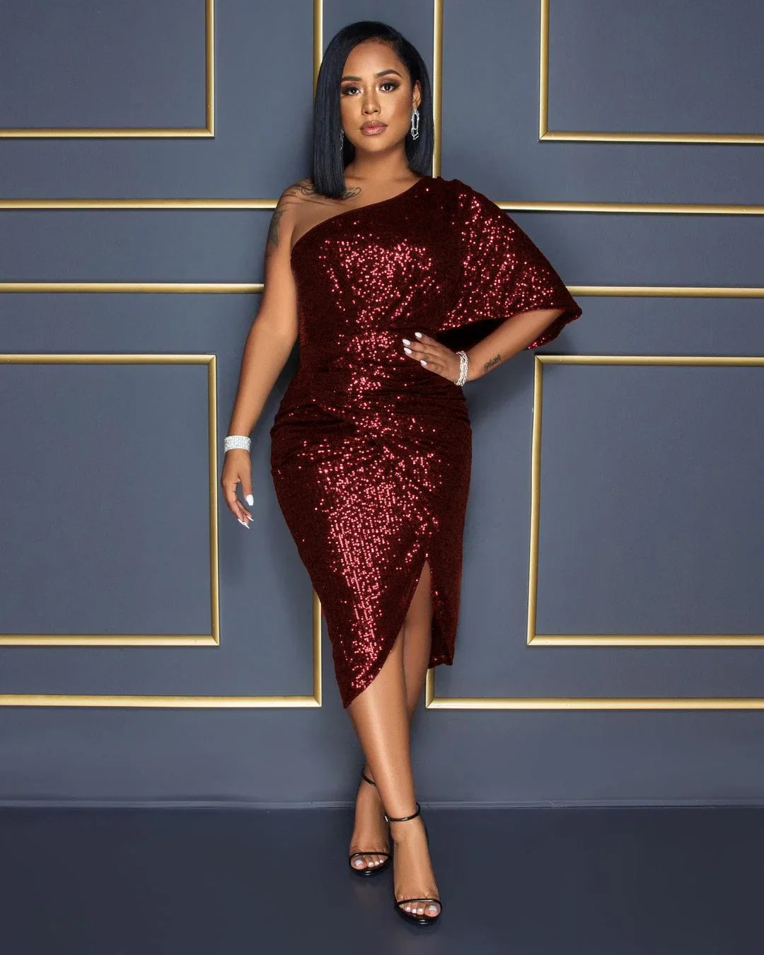 Burgundy Sequin Evening Dress – Single Shoulder, Sexy Prom Party Dress