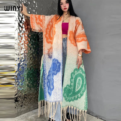 Winter Coat for Women - Luxury Cashew Print Long Overcoat with Tassels