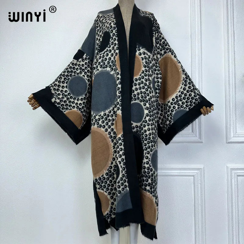 Winter Coat for Women | Retro Print Tassel Loose Overcoat with Fur | Long and Warm Bohemian Style