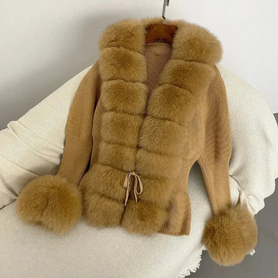 Women's Luxury Fur Coat with Detachable Fox Fur Collar - Autumn/Winter