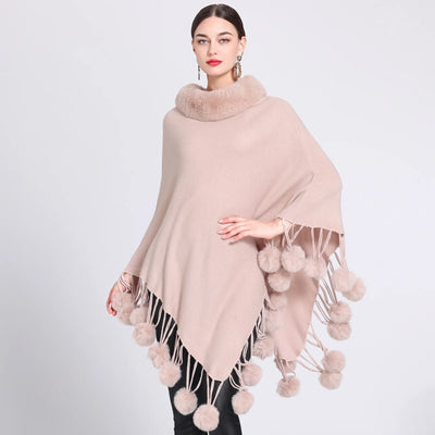 Poncho Scarf with Faux Fur Collar and Fringed Shawl