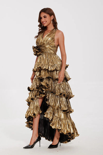 Elegant Ruffle Maxi Prom Dress - Sleeveless V-Neck Evening Gown