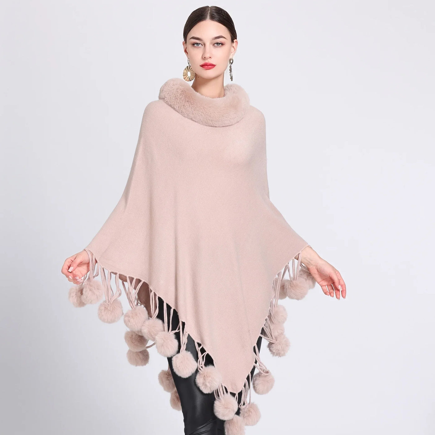 Poncho Scarf with Faux Fur Collar and Fringed Shawl