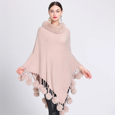 Poncho Scarf with Faux Fur Collar and Fringed Shawl