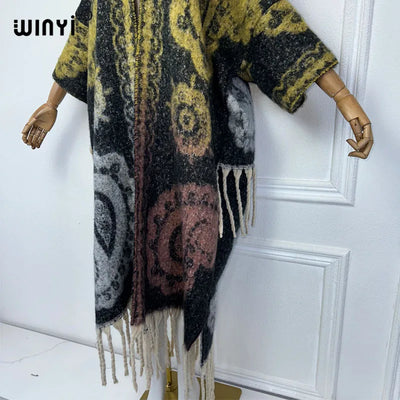 Winter Coat for Women - Luxury Cashew Print Long Overcoat with Tassels