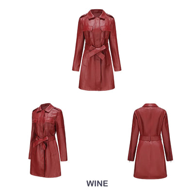Red PU Leather Waist Lace-Up Long Jacket - Women's Fashion Overcoat