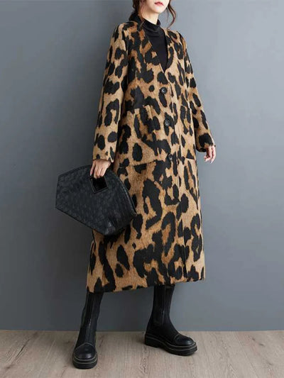 Fashionable Leopard Print Trench Coat | V-Neck, Loose Fit