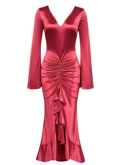 Sexy V-Neck Flare Sleeve Ruched Ruffle Long Dress