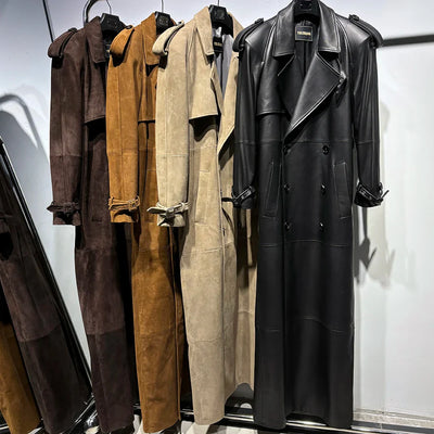 Long Real Leather Trench Coat for Women - Double Breasted Suede