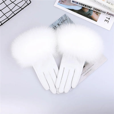 Sheepskin Leather Gloves with Fox Fur Trim – Women's Winter Mittens