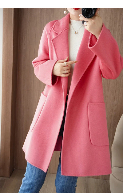 Women Double-Sided Woolen Cashmere Coat with Belt