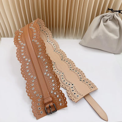 12 CM Wide Hollow Pattern Pin Buckle Waist Belt - Handmade Luxury Accessory