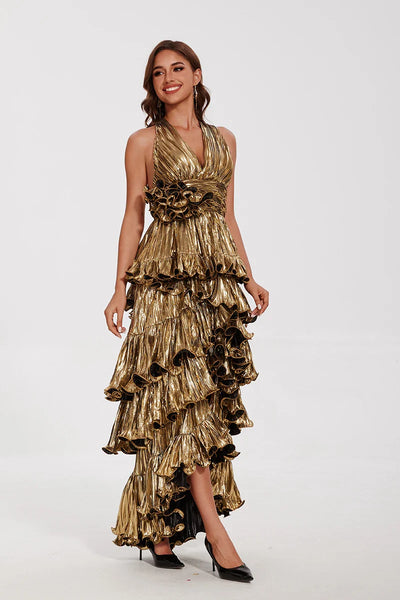 Elegant Ruffle Maxi Prom Dress - Sleeveless V-Neck Evening Gown