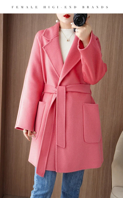 Women Double-Sided Woolen Cashmere Coat with Belt