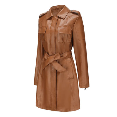 Red PU Leather Waist Lace-Up Long Jacket - Women's Fashion Overcoat
