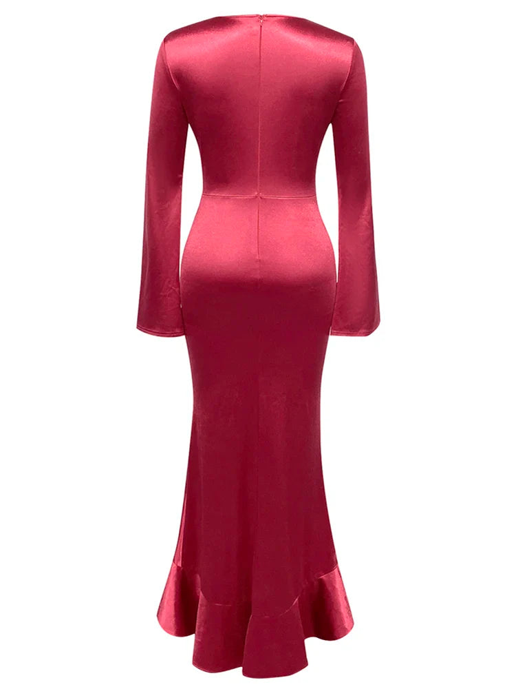 Sexy V-Neck Flare Sleeve Ruched Ruffle Long Dress