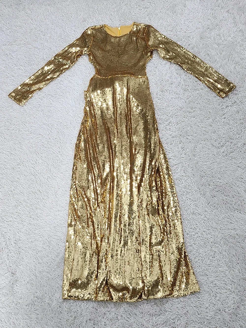 Gold Sequin Backless Evening Dress with Bow - Slim Fit, Long Sleeves