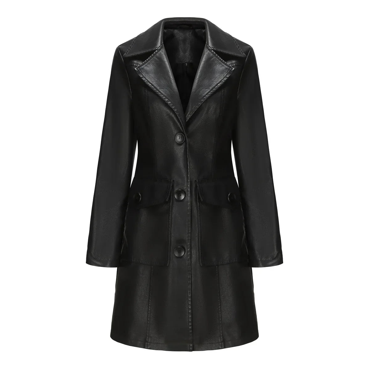 Red PU Leather Waist Lace-Up Long Jacket - Women's Fashion Overcoat
