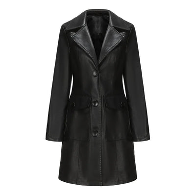 Red PU Leather Waist Lace-Up Long Jacket - Women's Fashion Overcoat