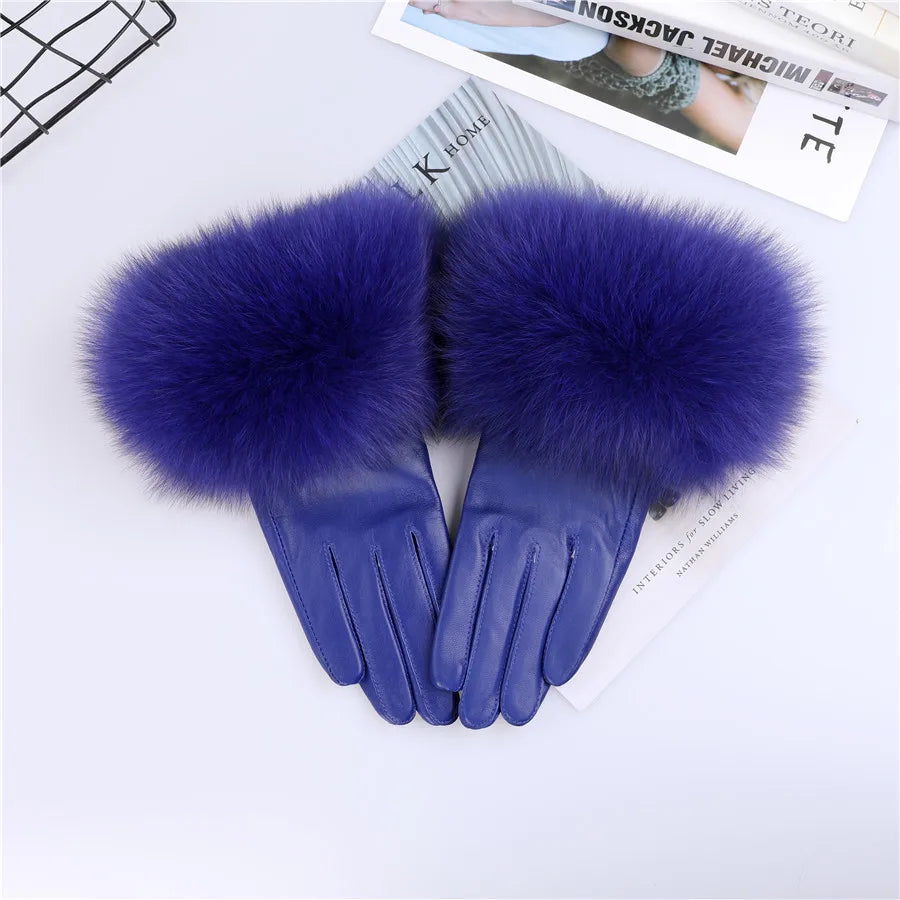Sheepskin Leather Gloves with Fox Fur Trim – Women's Winter Mittens