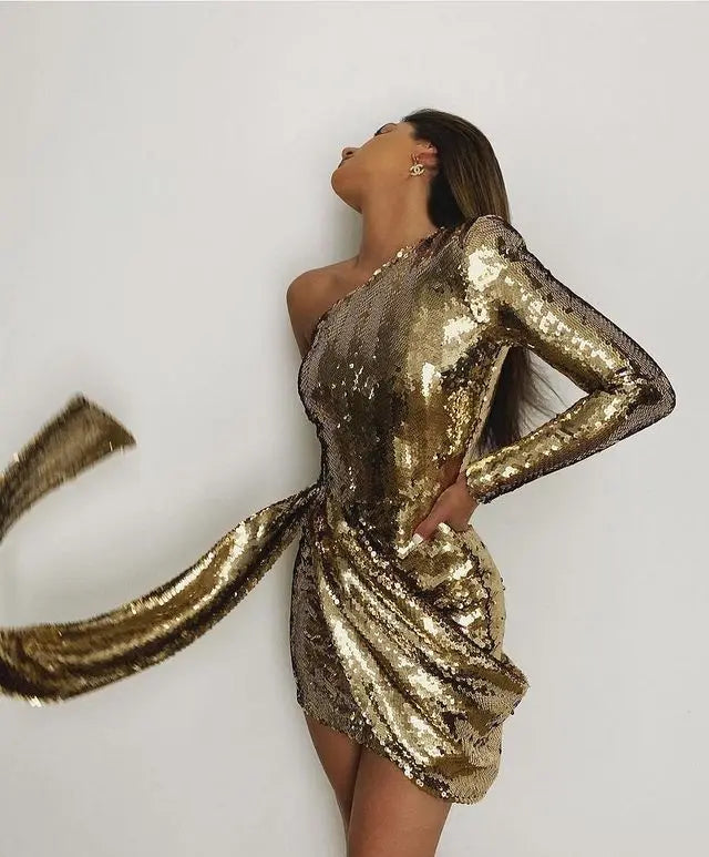 Women’s Green Pink Gold Sequined One Shoulder Party Dress
