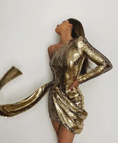 Women’s Green Pink Gold Sequined One Shoulder Party Dress