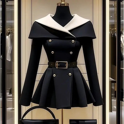 Black Belted Waist Suit Jacket for Women | Stylish Spring/Autumn Coat