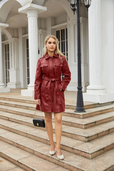 Red PU Leather Waist Lace-Up Long Jacket - Women's Fashion Overcoat