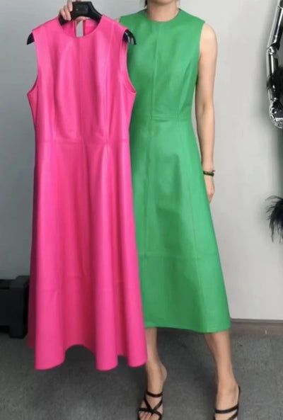Leather Midi Dress - Sleeveless Pleated Skirt