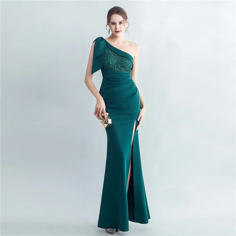 Candy Color Satin One-Shoulder Evening Dress with Slit and Appliques