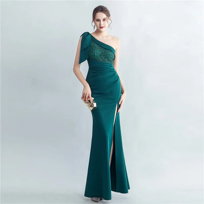 Candy Color Satin One-Shoulder Evening Dress with Slit and Appliques