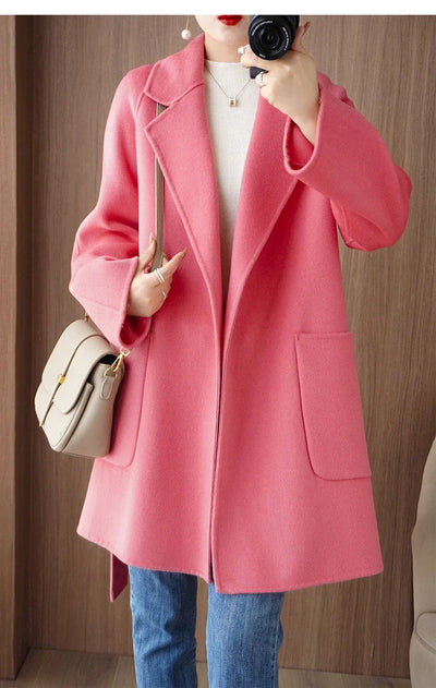 Women Double-Sided Woolen Cashmere Coat with Belt