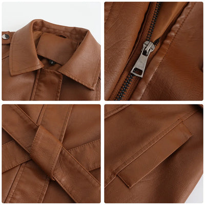 Red PU Leather Waist Lace-Up Long Jacket - Women's Fashion Overcoat