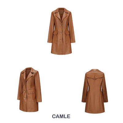 Red PU Leather Waist Lace-Up Long Jacket - Women's Fashion Overcoat