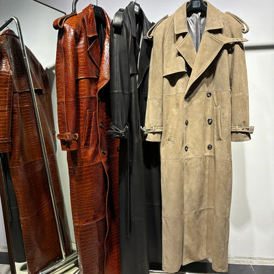 Long Real Leather Trench Coat for Women - Double Breasted Suede
